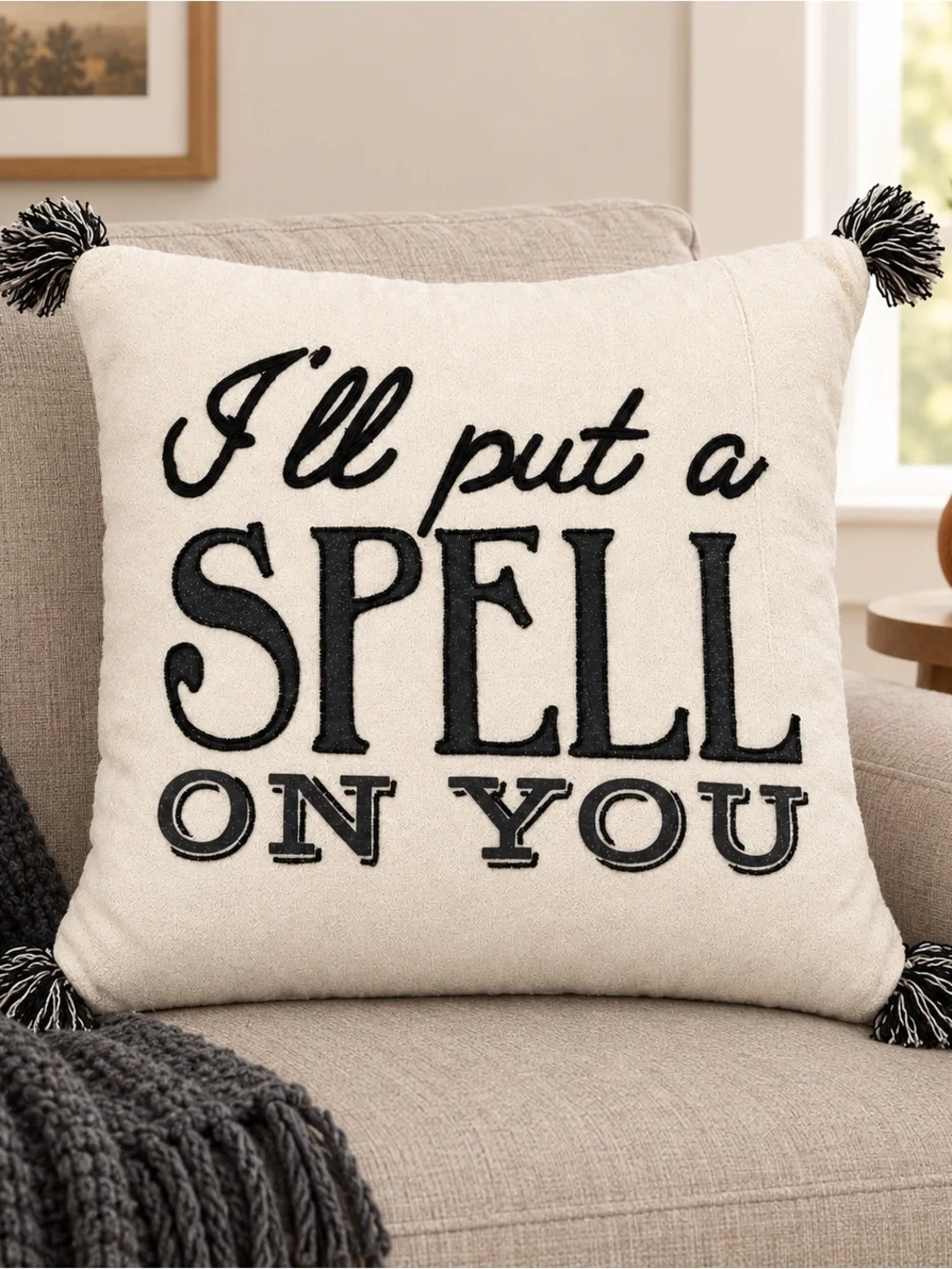 Halloween I’ll Put a Spell on You Square Beige Pillow 20” Cotton Feather Tassels